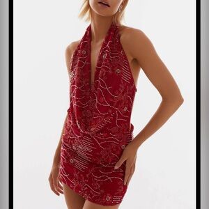 Peppermayo Red Beaded Backless Halter Mini Dress NWT size 6 Olisa Cowl Neck sexy